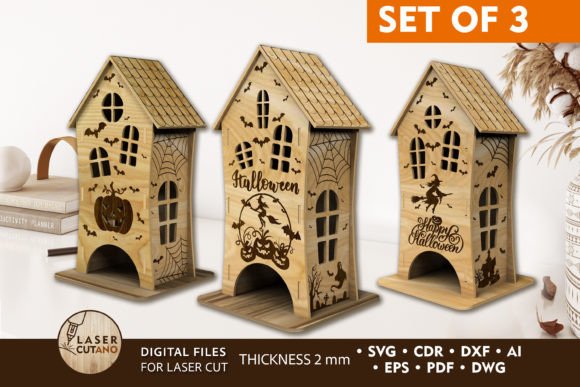 3D Halloween Houses Bundle: A Festive Laser Cutting Asset for Autumn Amp Branding