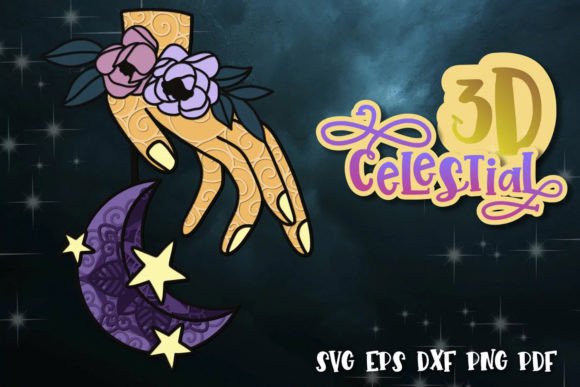 3D Hand with Moon Layered Celestial SVG for Shadow Box Branding